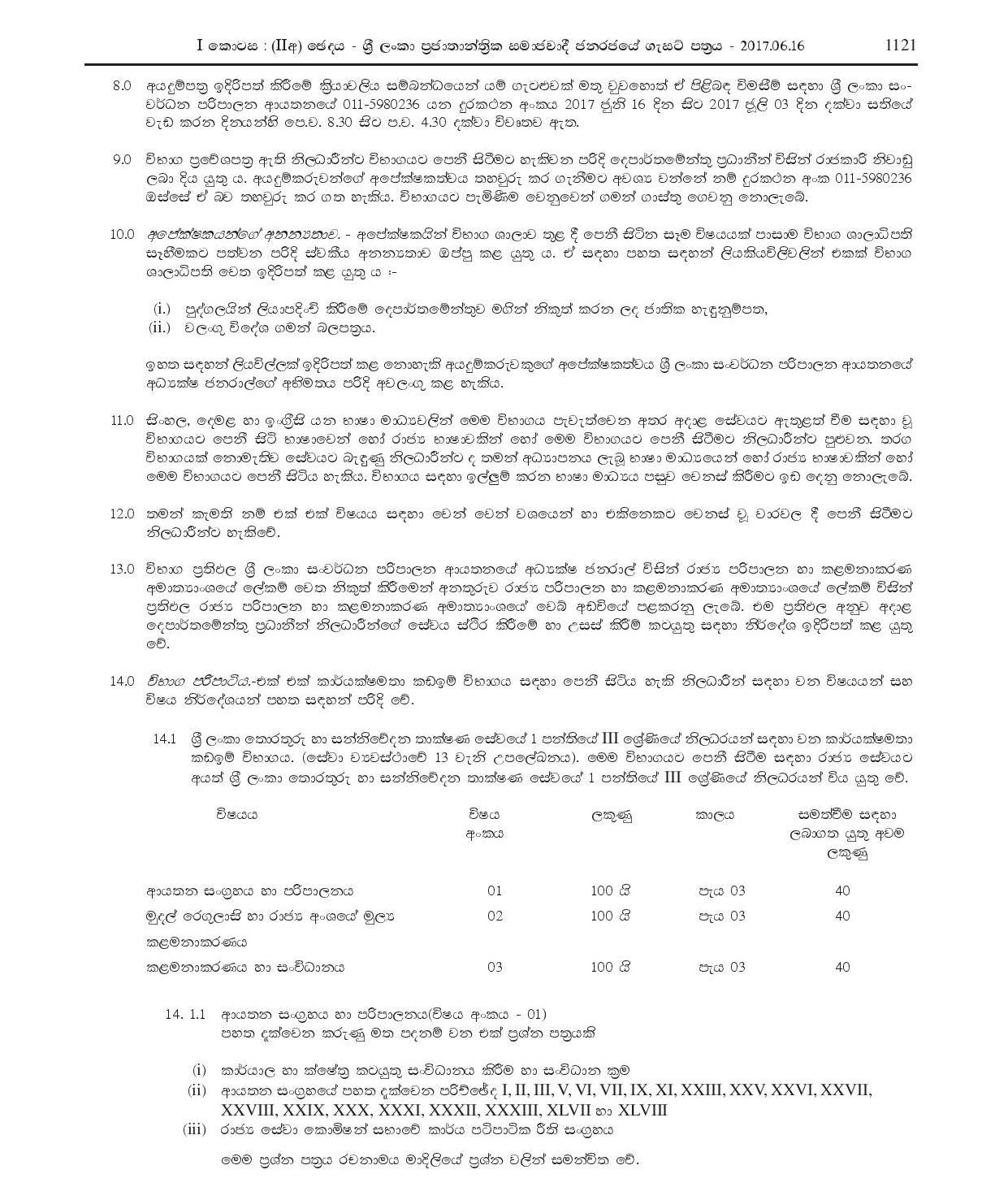 Efficiency bar examinations for officers in Grade III of Class I, Grade II of Class I and Grade I of Class I of Sri Lanka Information & Communication Technology Service - 2017